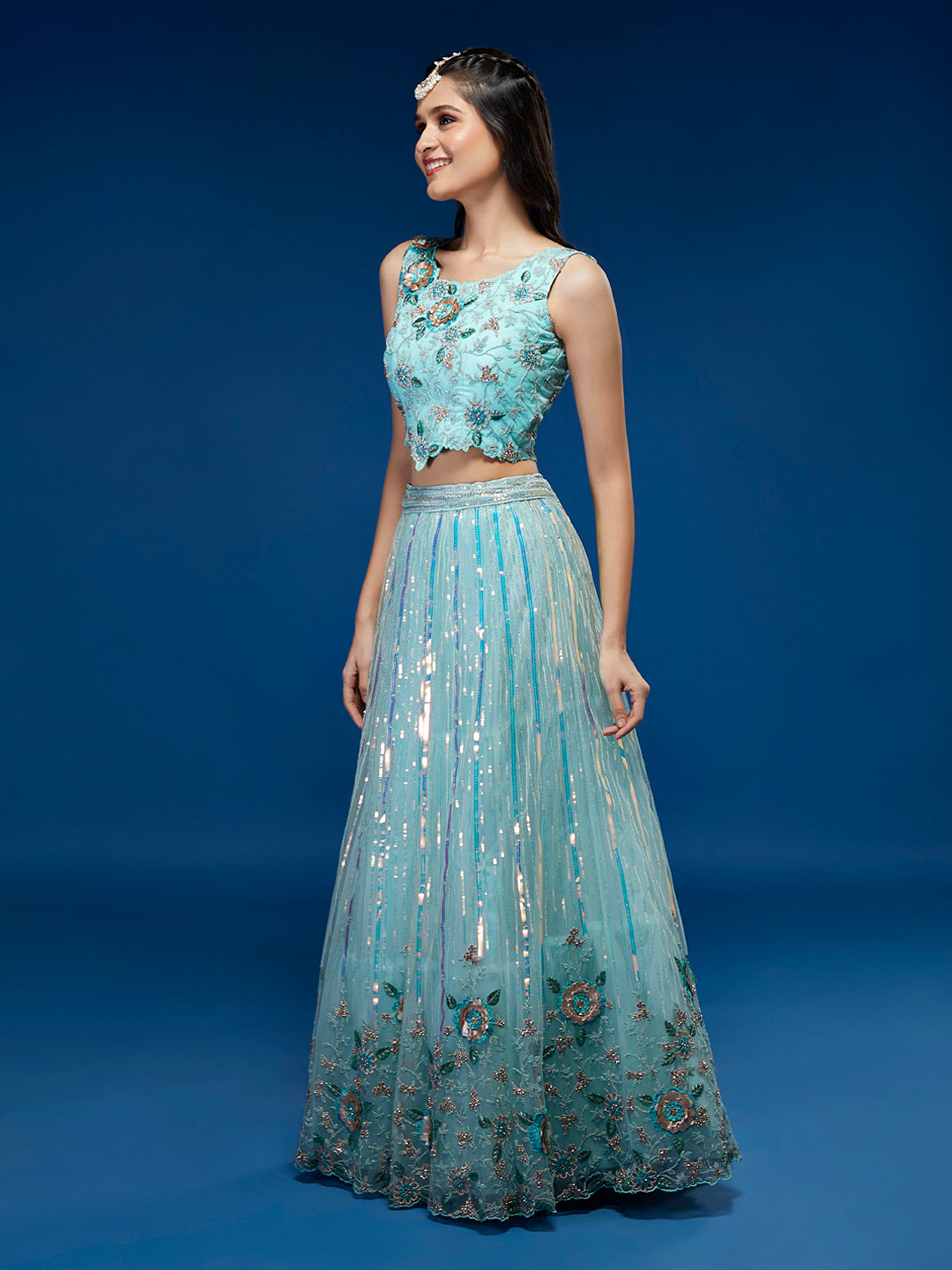 Turquoise Blue Net Sequinse Work Semi-Stitched Lehenga & Unstitched Blouse, Dupatta