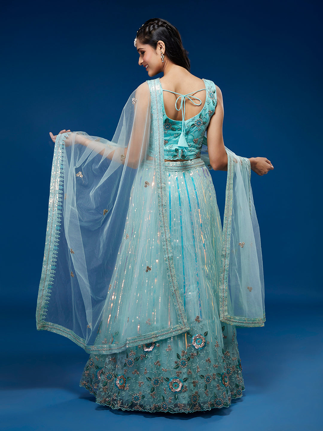 Turquoise Blue Net Sequinse Work Semi-Stitched Lehenga & Unstitched Blouse, Dupatta