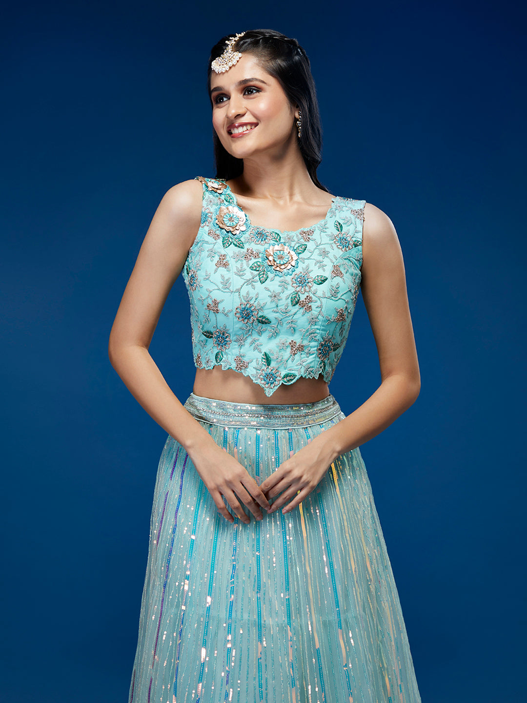 Turquoise Blue Net Sequinse Work Semi-Stitched Lehenga & Unstitched Blouse, Dupatta