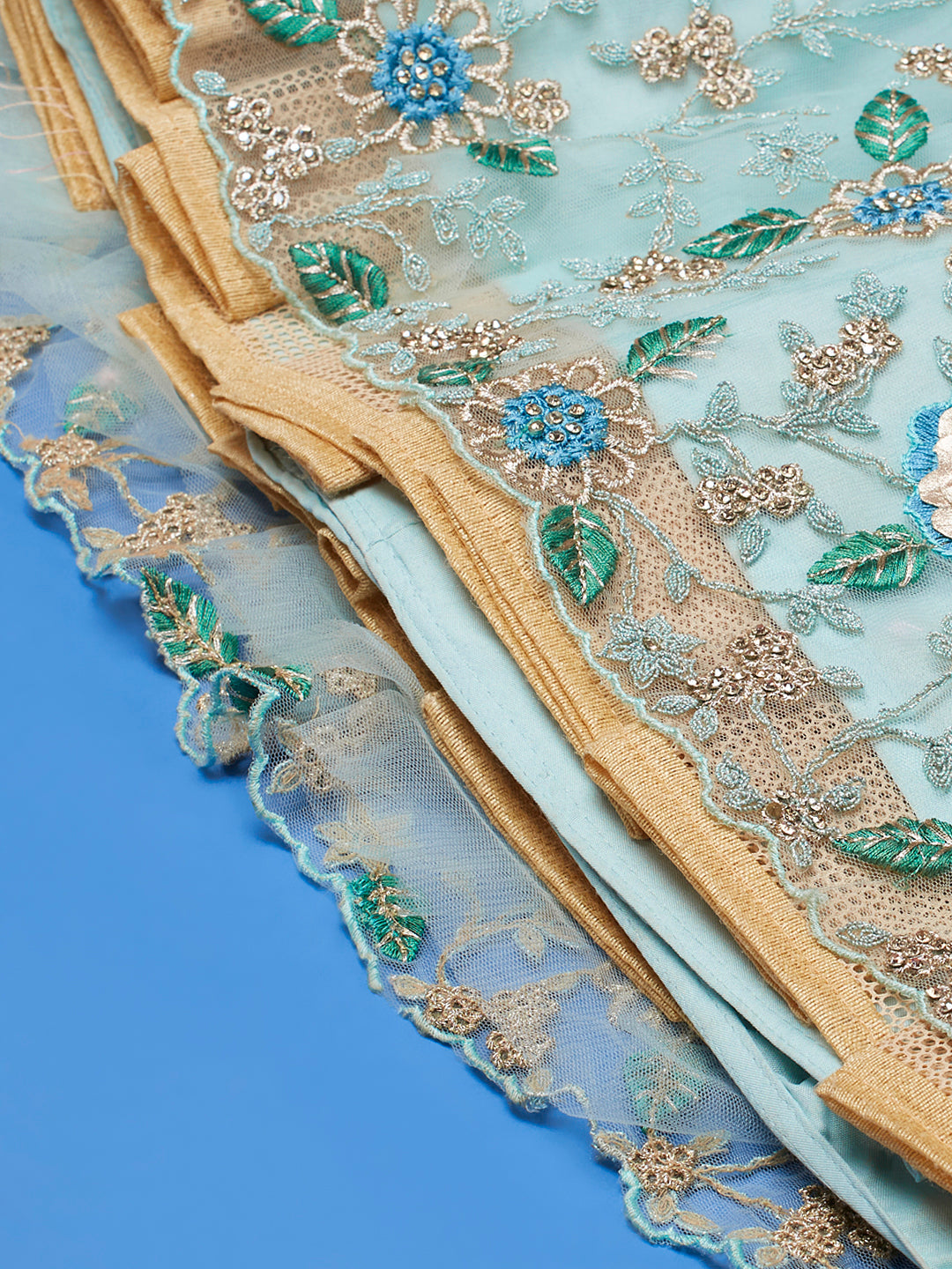 Turquoise Blue Net Sequinse Work Semi-Stitched Lehenga & Unstitched Blouse, Dupatta