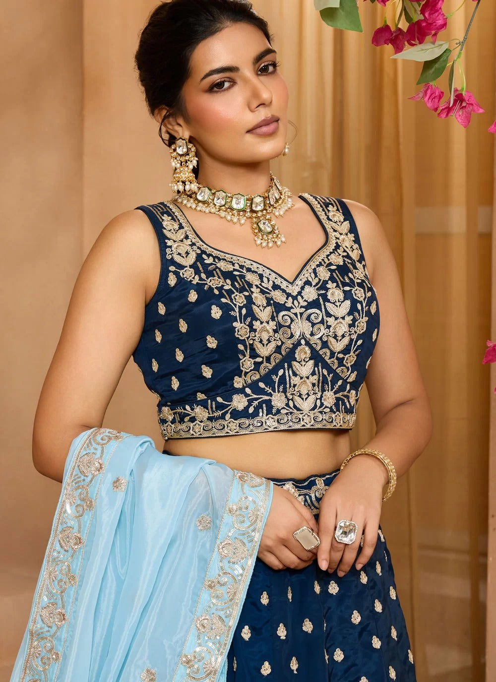 Navy blue embroidered wedding lehenga choli in organza with turquoise dupatta
