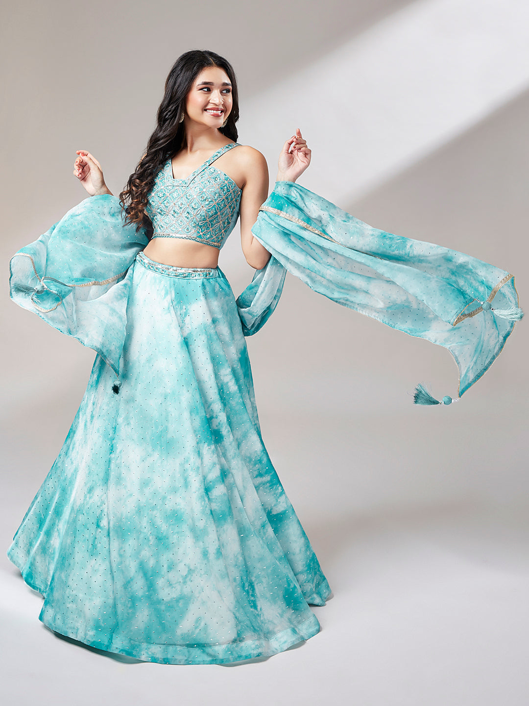 Turquoise Blue Organza Floral Printed Semi-Stitched Lehenga choli & Dupatta