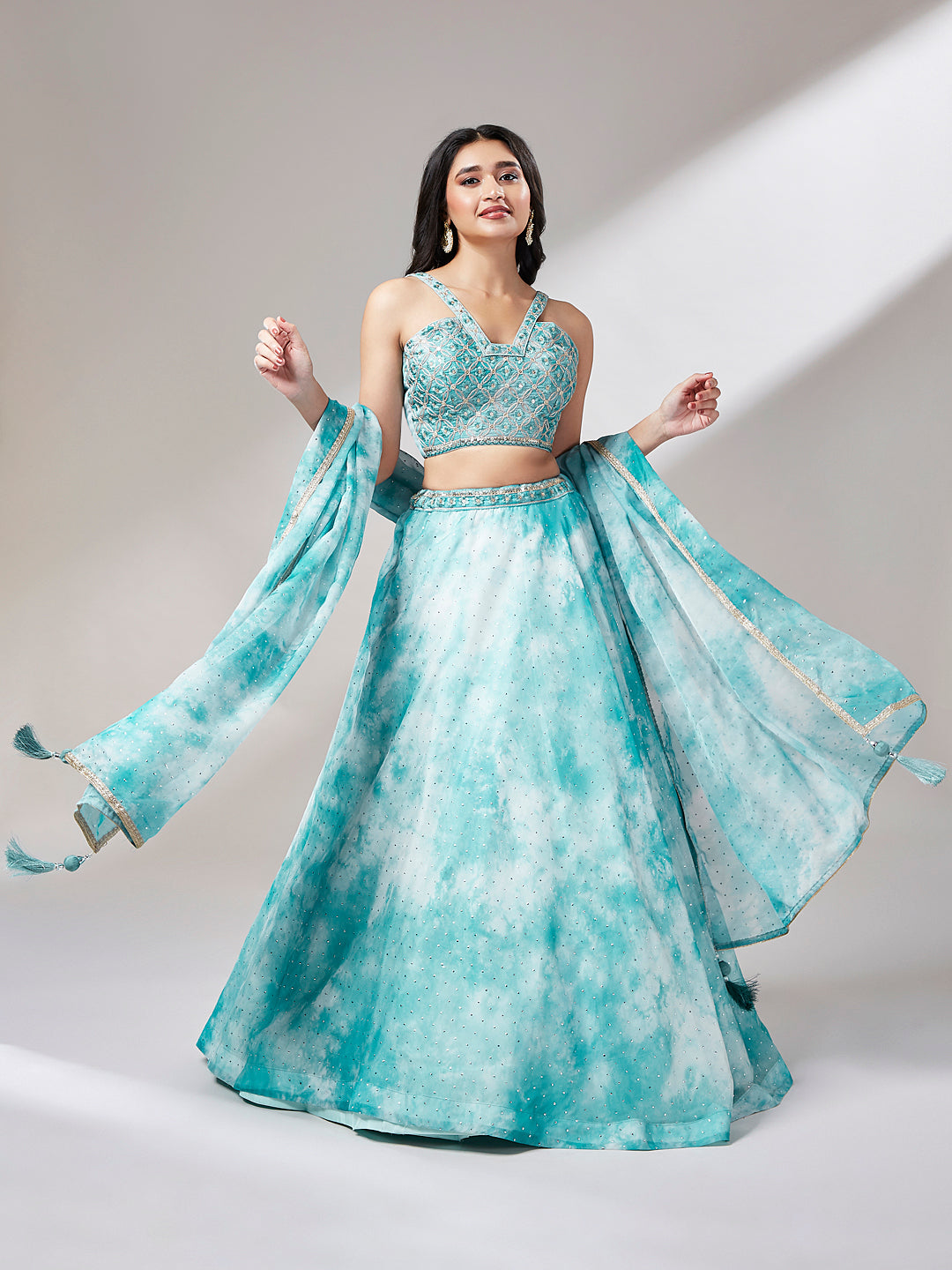 Turquoise Blue Organza Floral Printed Semi-Stitched Lehenga choli & Dupatta