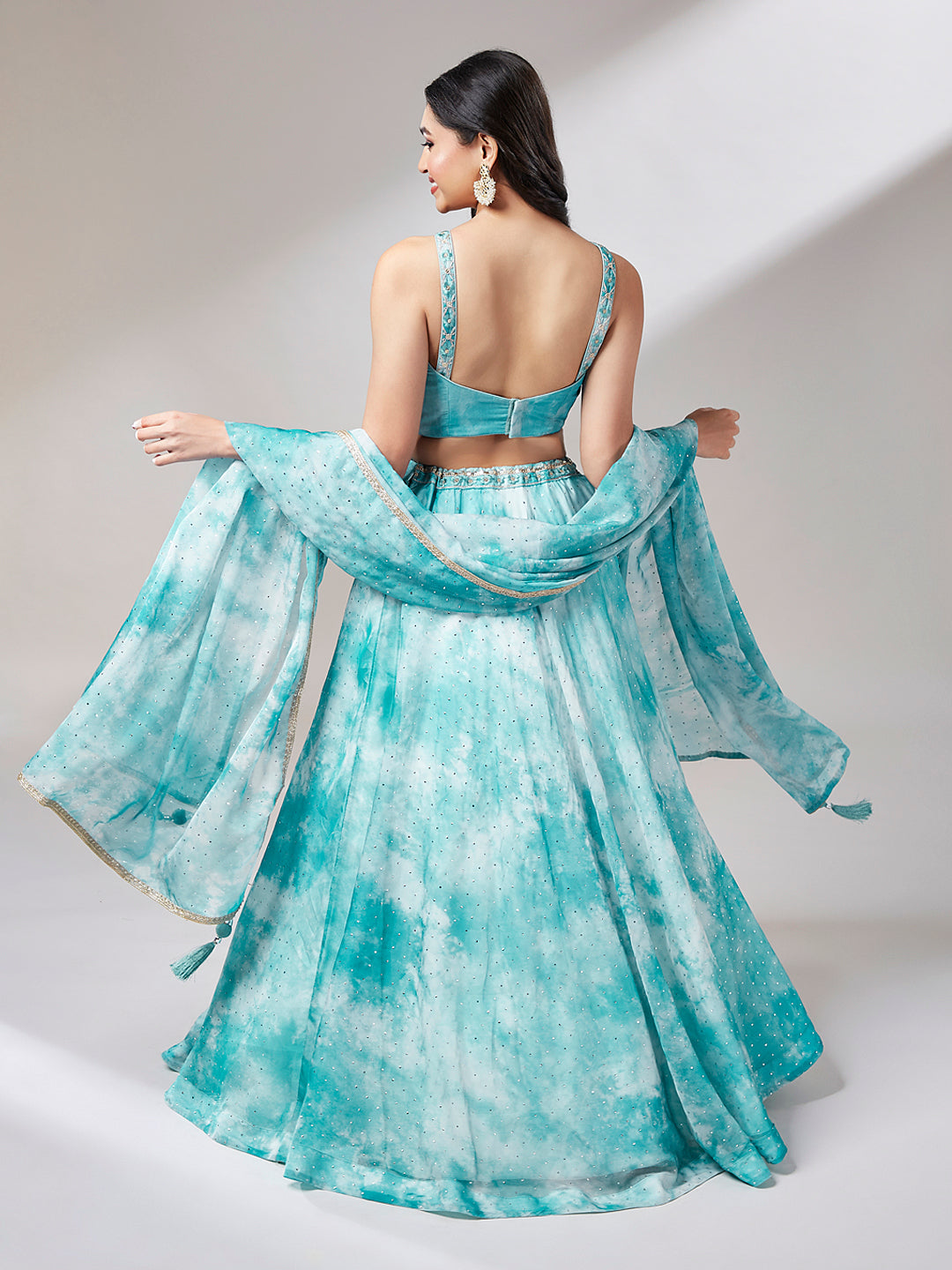 Turquoise Blue Organza Floral Printed Semi-Stitched Lehenga choli & Dupatta