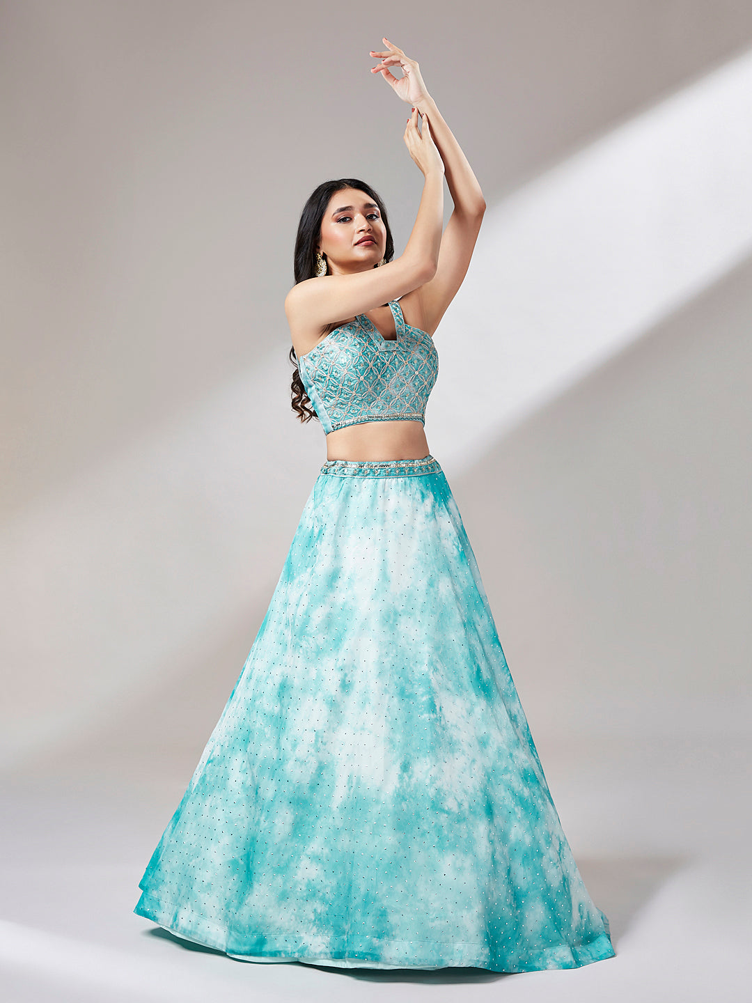 Turquoise Blue Organza Floral Printed Semi-Stitched Lehenga choli & Dupatta