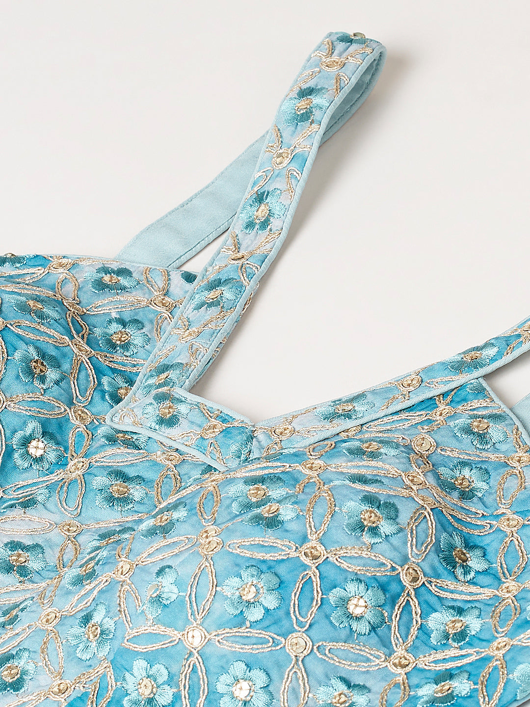 Turquoise Blue Organza Floral Printed Semi-Stitched Lehenga choli & Dupatta