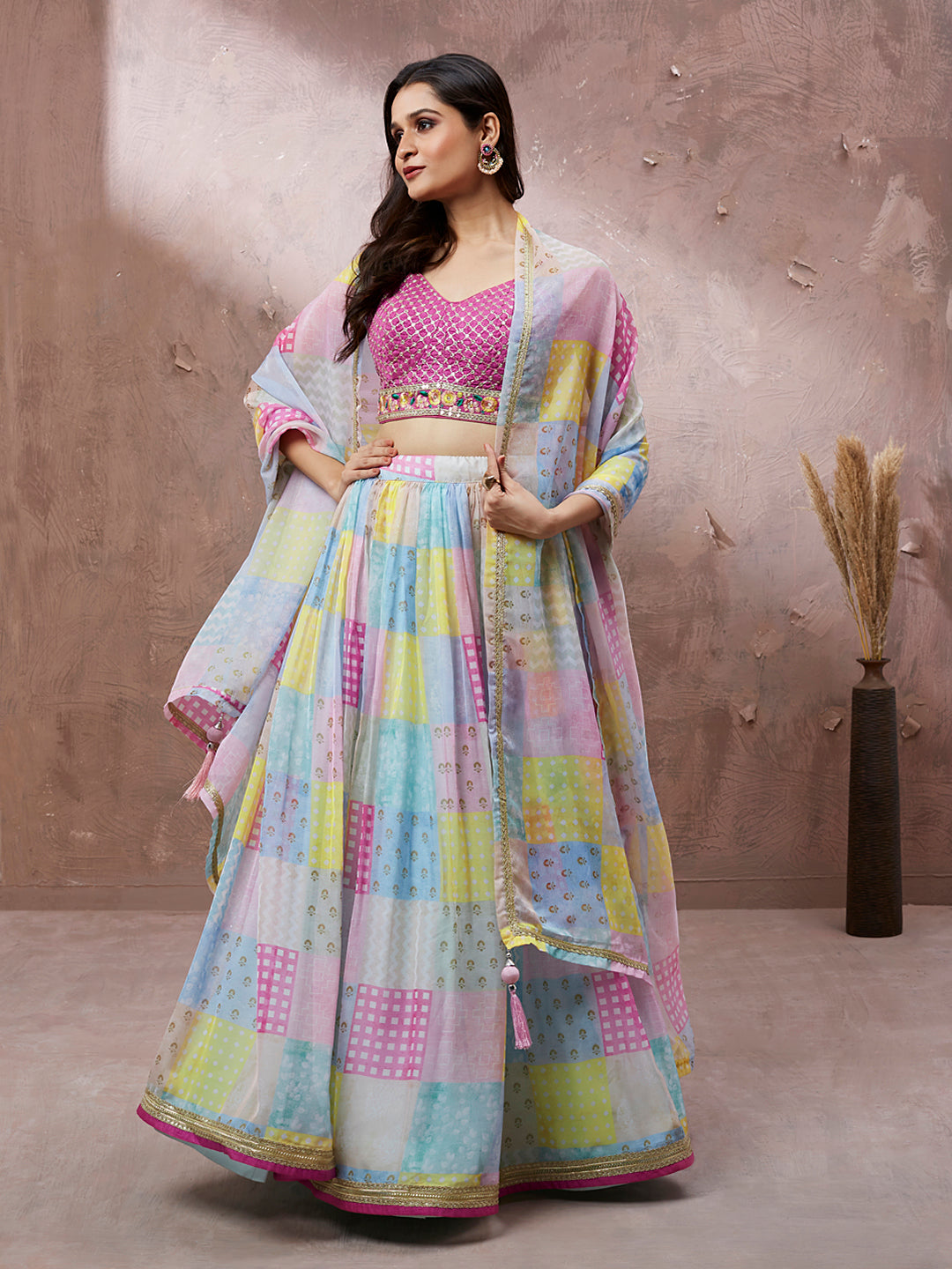 Turquoise Blue Organza Floral Printed Semi-Stitched Lehenga choli & Dupatta