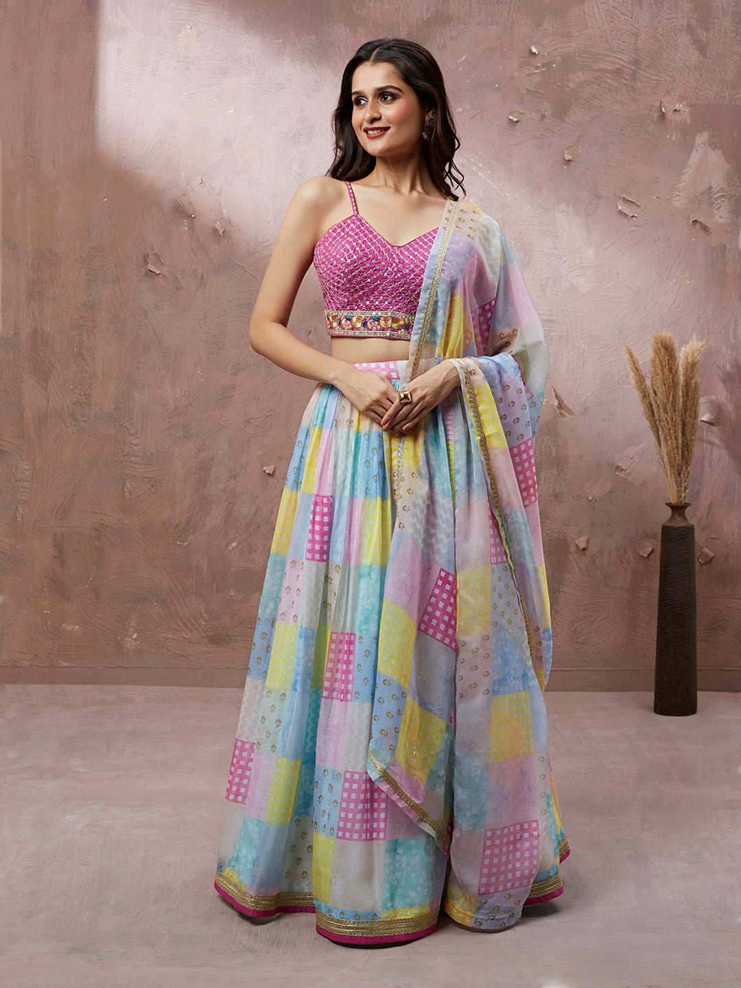 Turquoise Blue Organza Floral Printed Semi-Stitched Lehenga choli & Dupatta