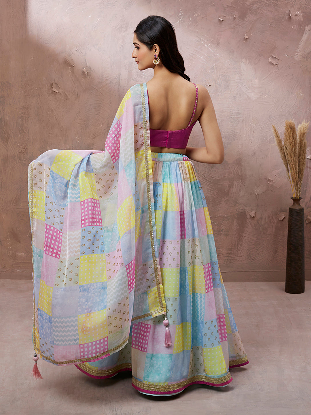 Turquoise Blue Organza Floral Printed Semi-Stitched Lehenga choli & Dupatta