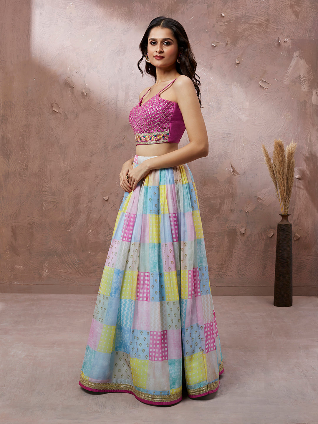 Turquoise Blue Organza Floral Printed Semi-Stitched Lehenga choli & Dupatta