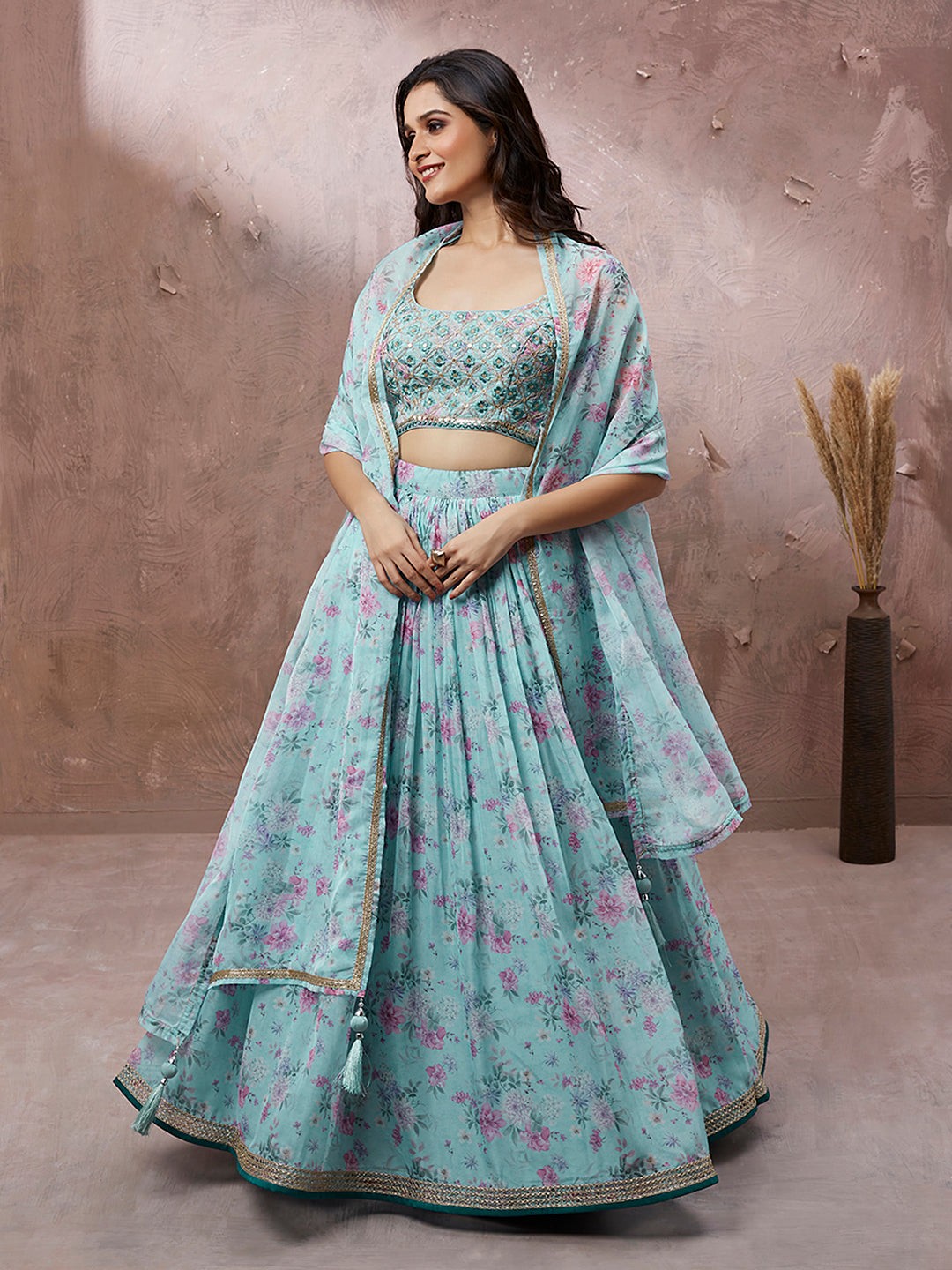 Turquoise Blue Organza Floral Printed Semi-Stitched Lehenga choli & Dupatta