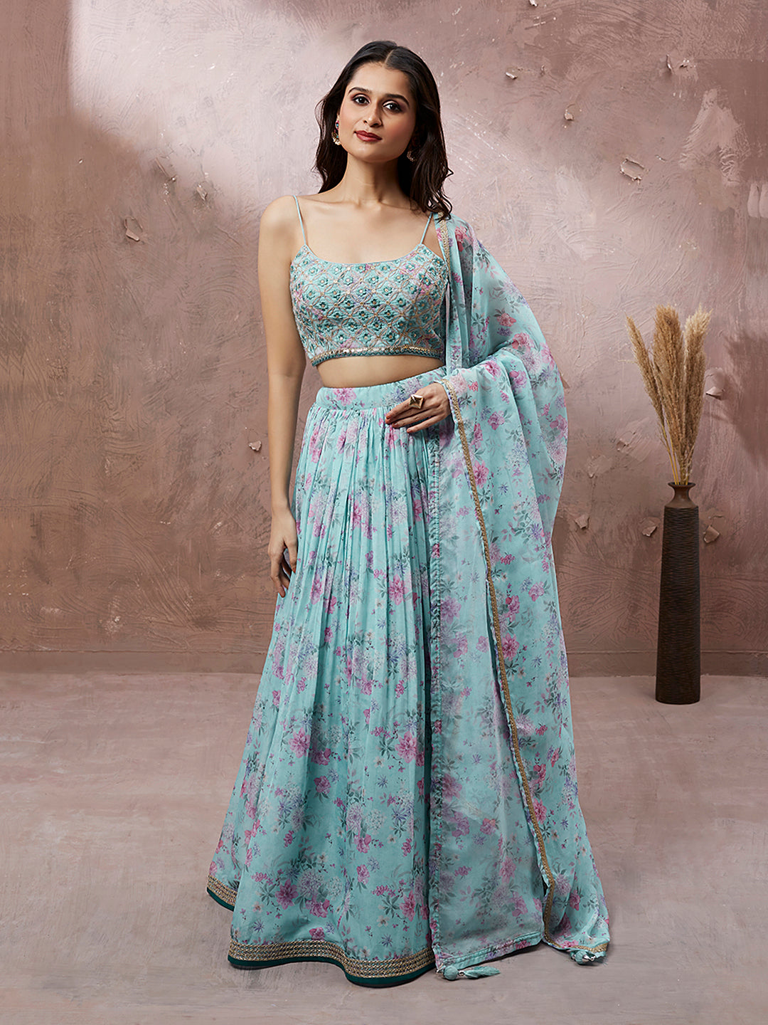 Turquoise Blue Organza Floral Printed Semi-Stitched Lehenga choli & Dupatta
