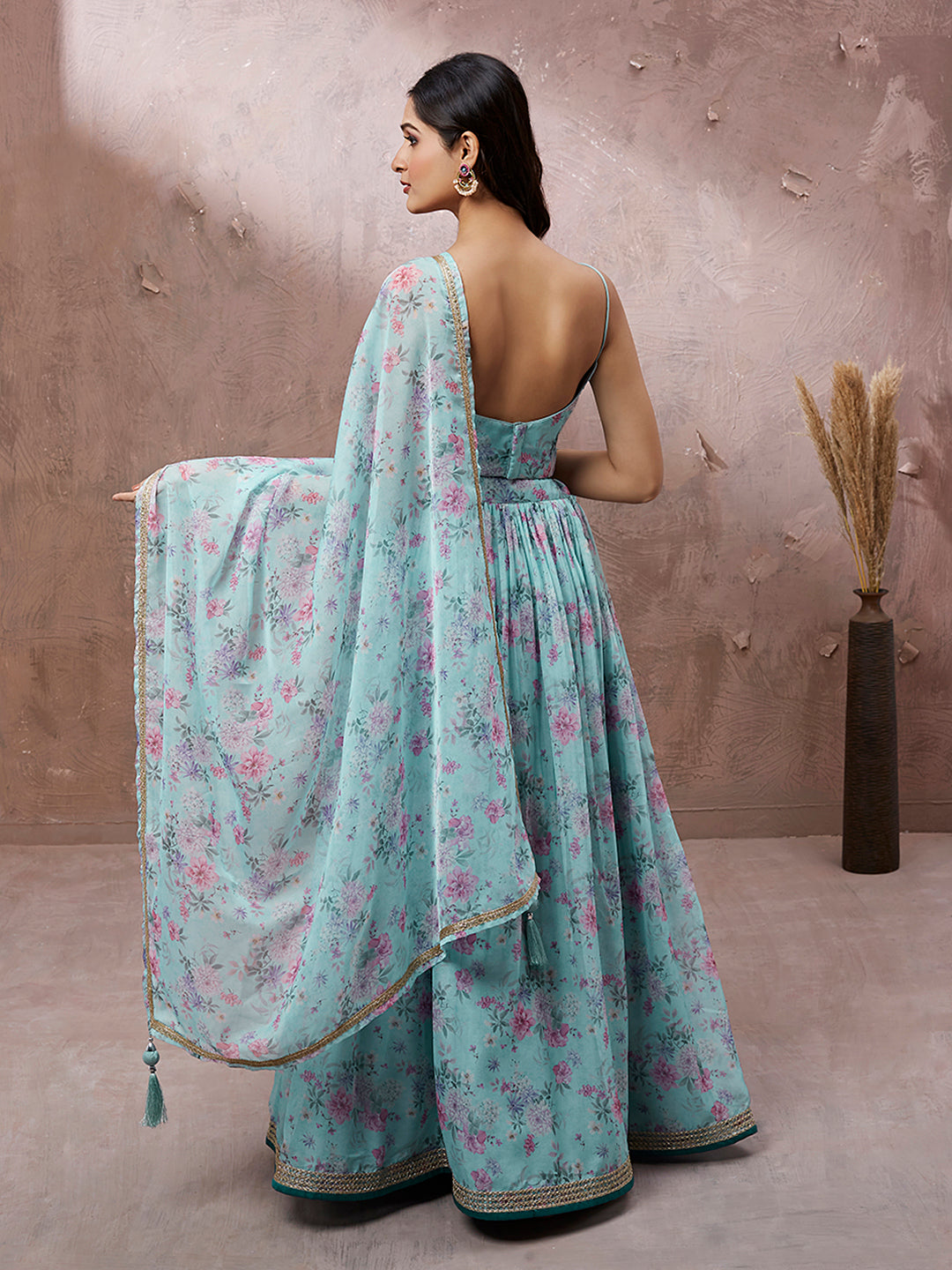 Turquoise Blue Organza Floral Printed Semi-Stitched Lehenga choli & Dupatta