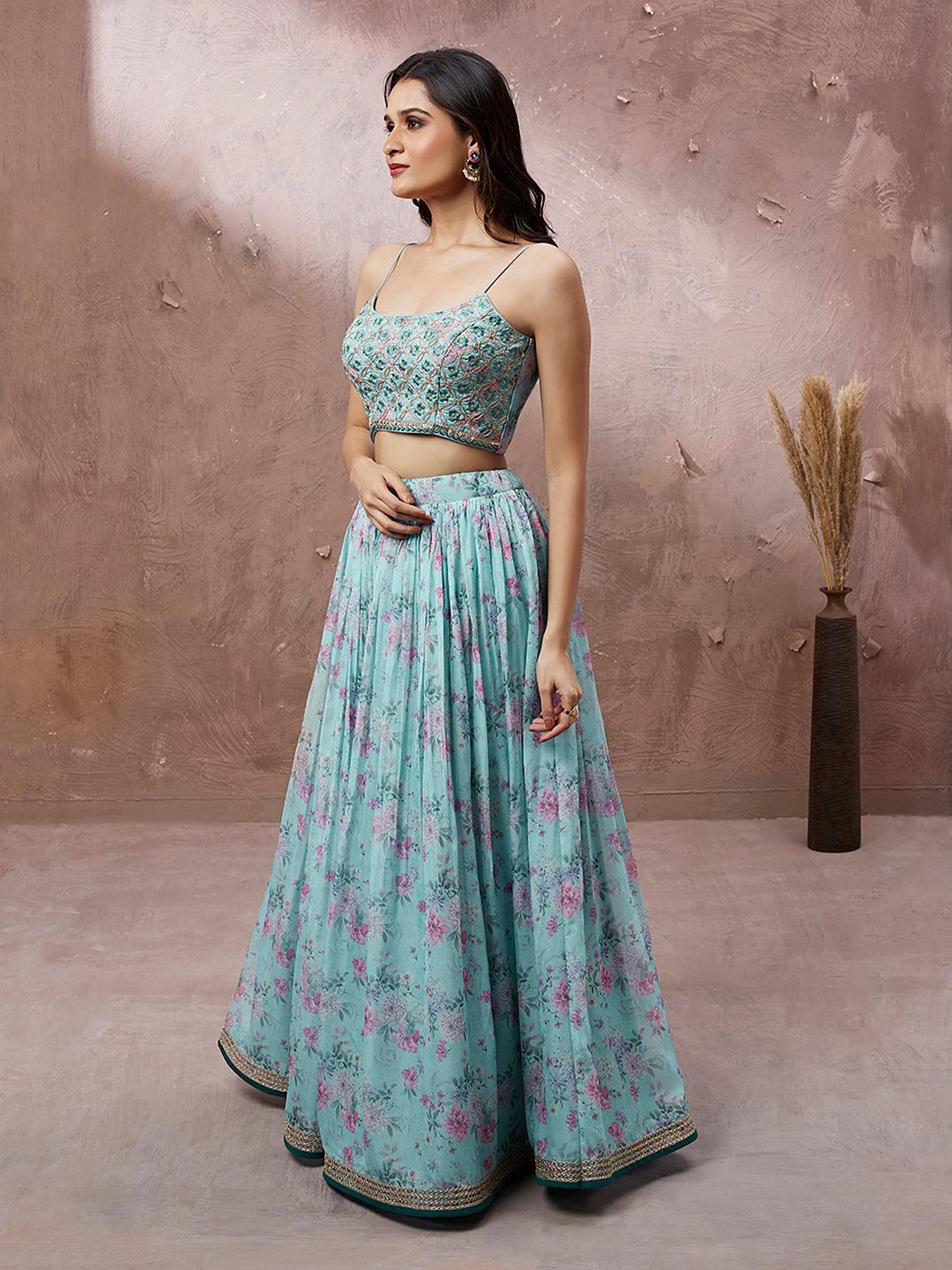 Turquoise Blue Organza Floral Printed Semi-Stitched Lehenga choli & Dupatta