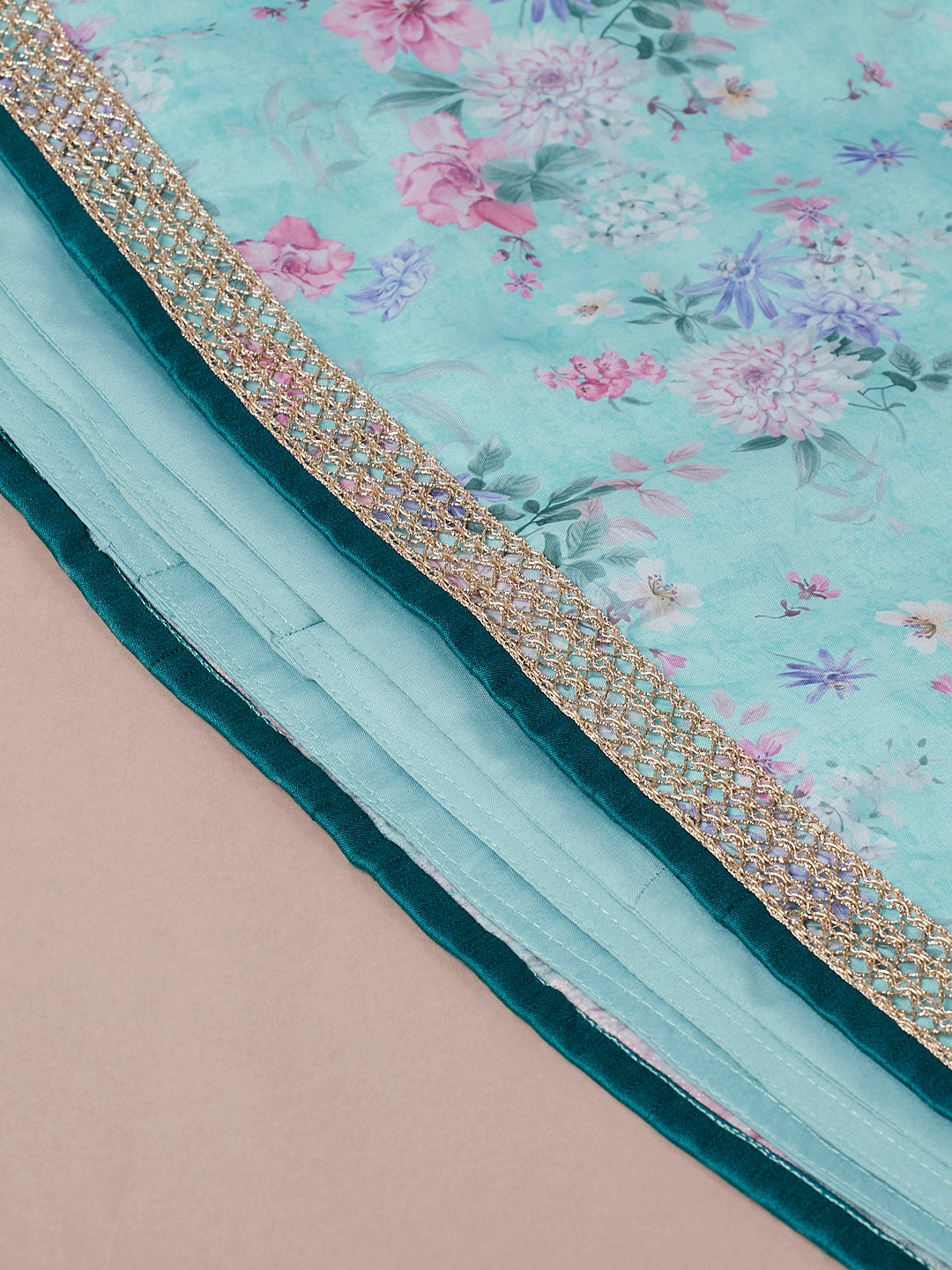 Turquoise Blue Organza Floral Printed Semi-Stitched Lehenga choli & Dupatta