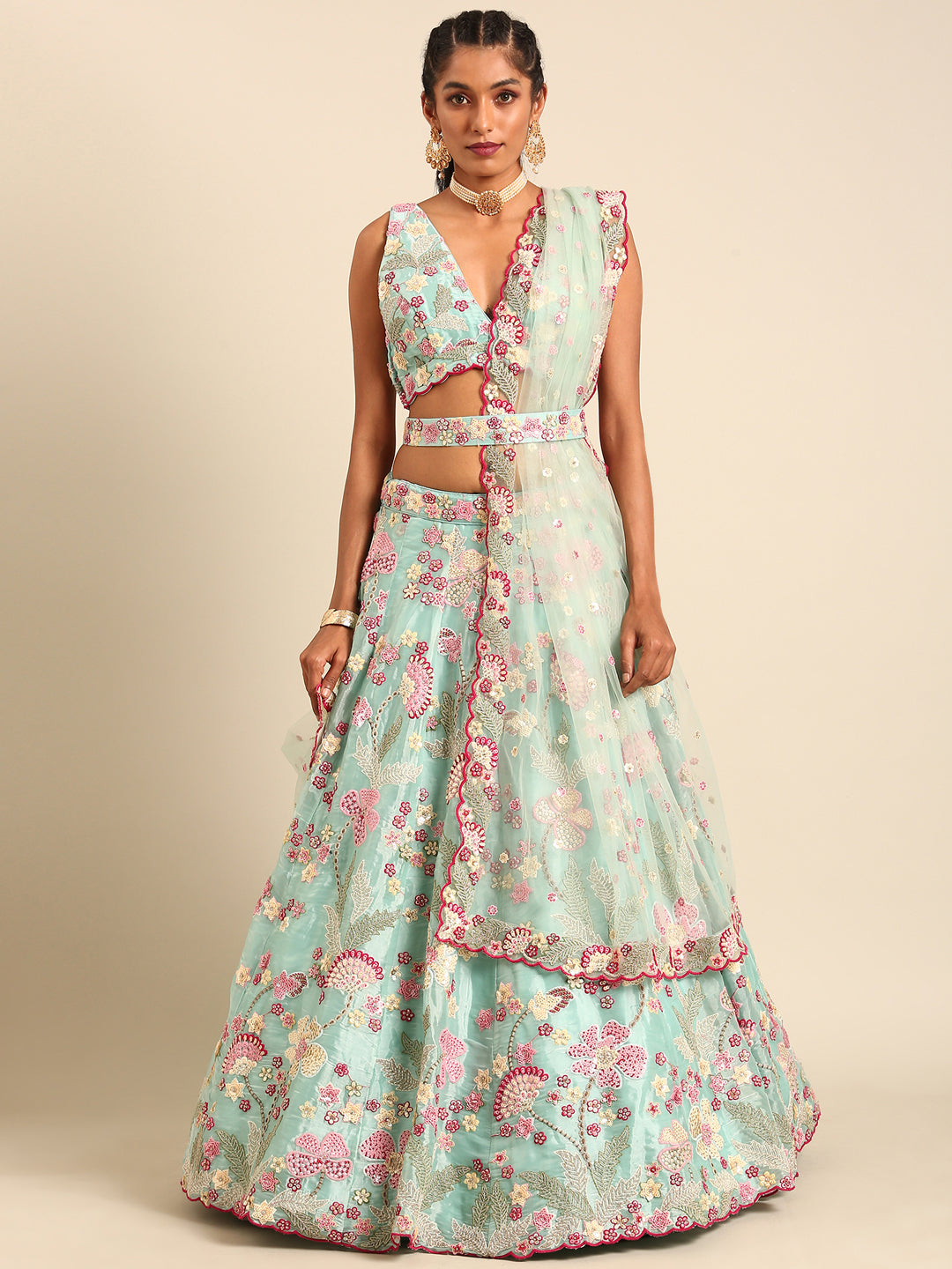 Turquoise Blue Organza Sequins and Zarkan embroidery Semi-Stitched Lehenga choli & Dupatta