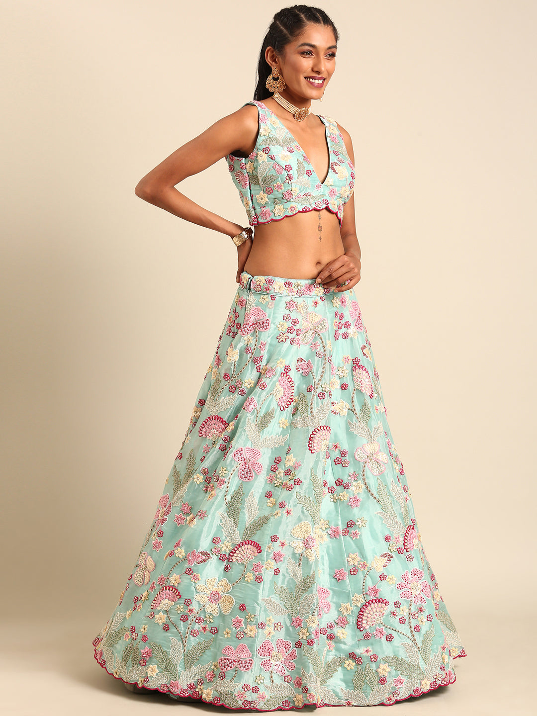 Turquoise Blue Organza Sequins and Zarkan embroidery Semi-Stitched Lehenga choli & Dupatta