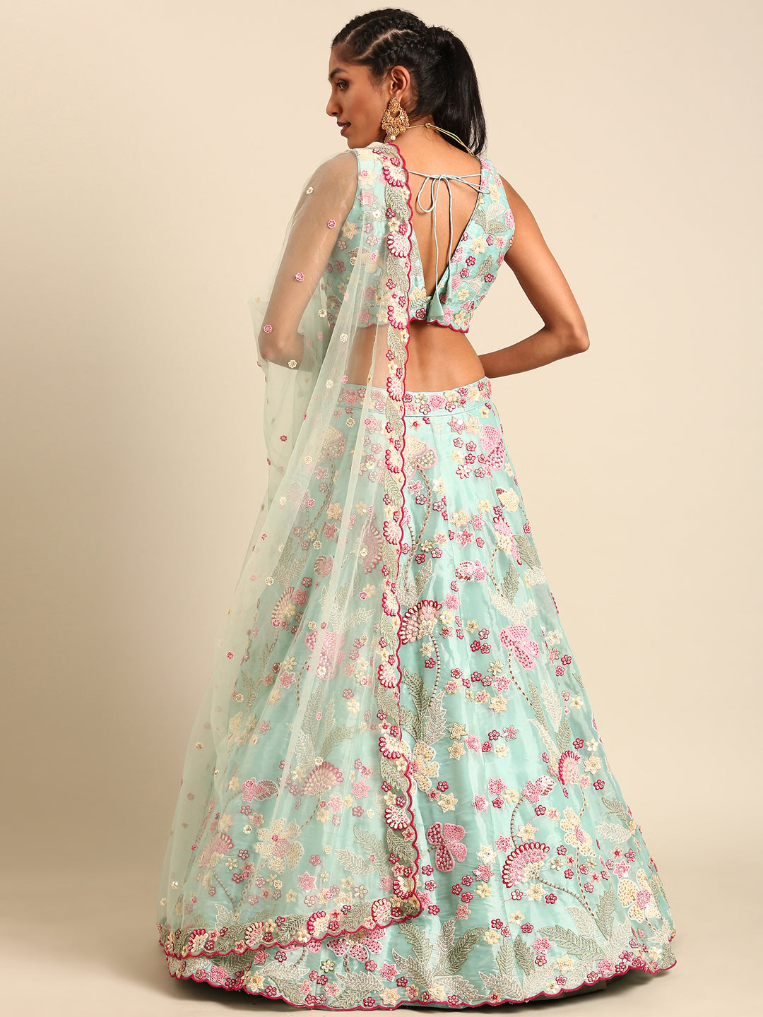 Turquoise Blue Organza Sequins and Zarkan embroidery Semi-Stitched Lehenga choli & Dupatta