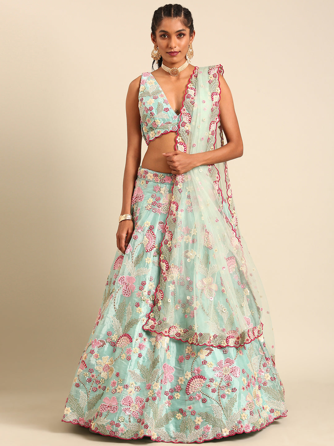 Turquoise Blue Organza Sequins and Zarkan embroidery Semi-Stitched Lehenga choli & Dupatta