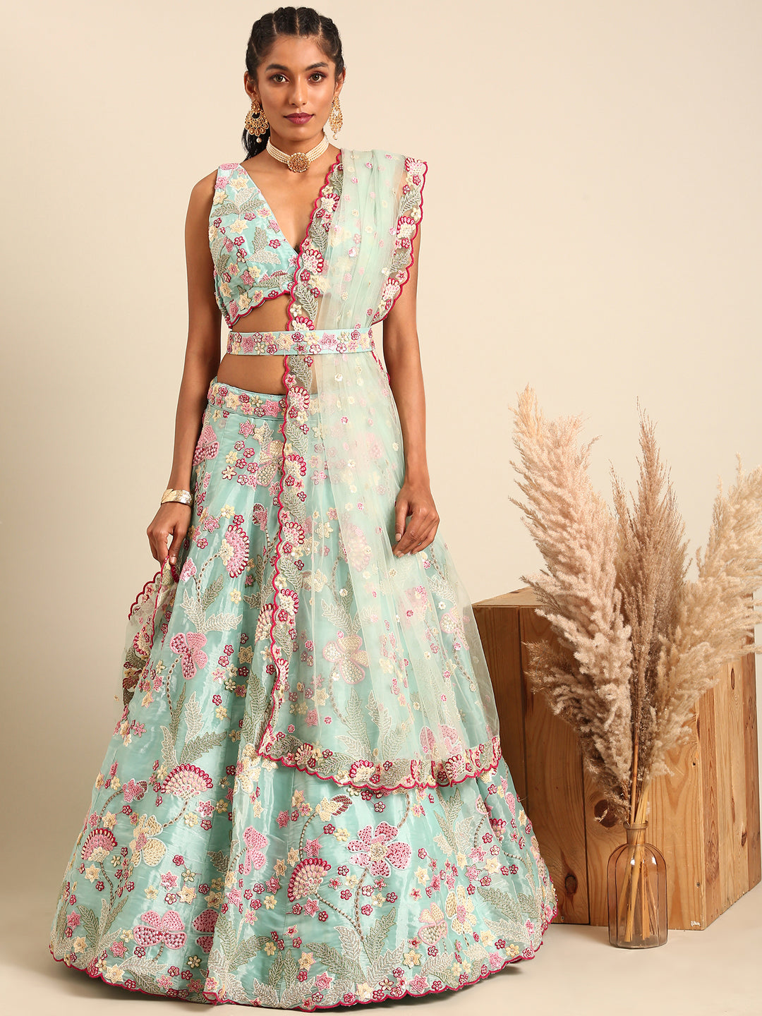 Turquoise Blue Organza Sequins and Zarkan embroidery Semi-Stitched Lehenga choli & Dupatta