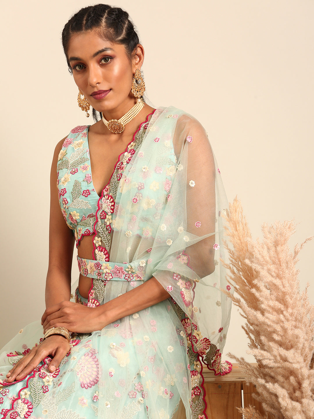 Turquoise Blue Organza Sequins and Zarkan embroidery Semi-Stitched Lehenga choli & Dupatta