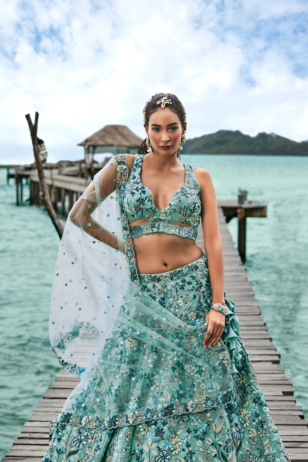 Turquoise blue Organza Sequins, Moti and thread embroidery Semi-Stitched Lehenga choli & Dupatta