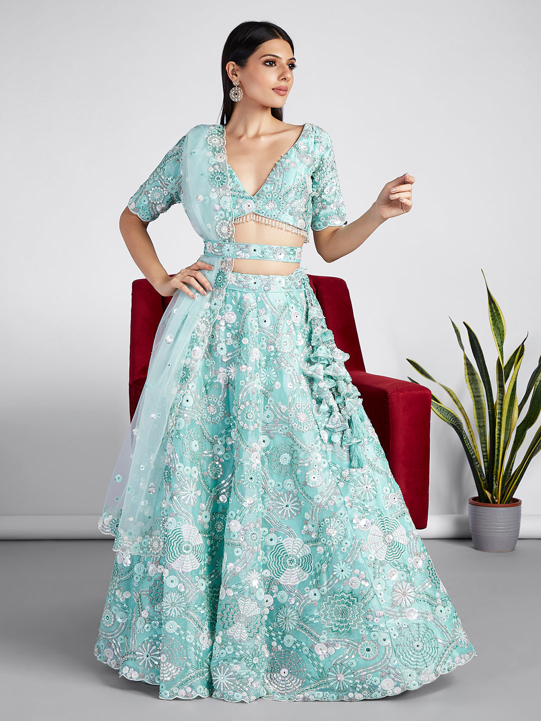 Turquoise blue Organza Sequins, Zarkan and thread embroidery Semi-Stitched Lehenga choli & Dupatta