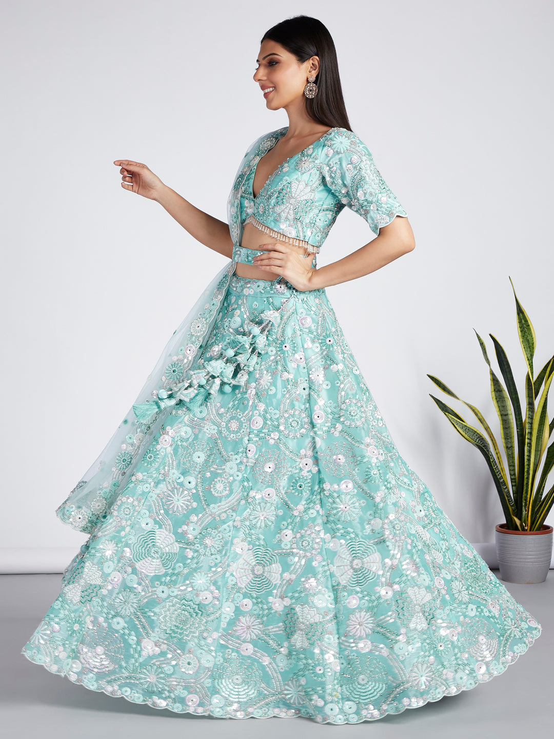 Turquoise blue Organza Sequins, Zarkan and thread embroidery Semi-Stitched Lehenga choli & Dupatta