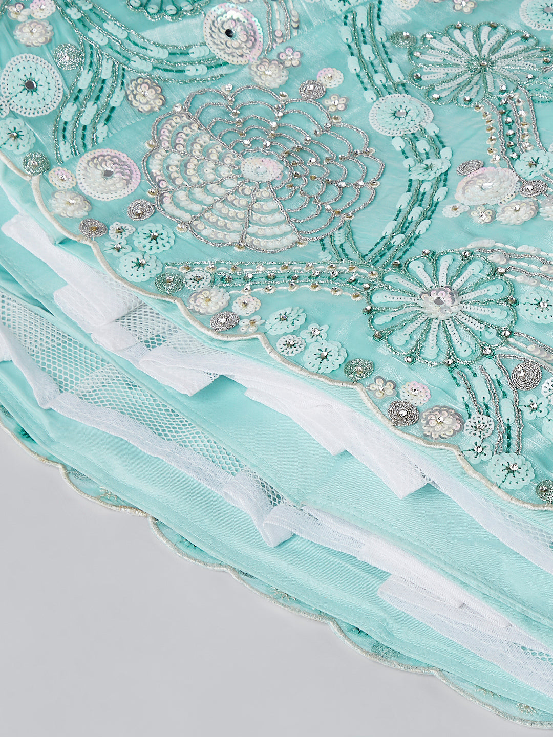 Turquoise blue Organza Sequins, Zarkan and thread embroidery Semi-Stitched Lehenga choli & Dupatta