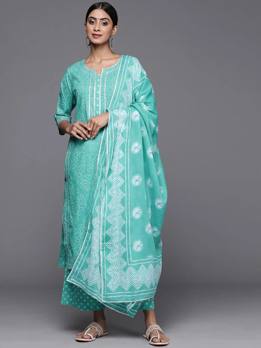 Mameraa Turquoise Blue Printed Cotton Straight Kurta With Palazzos & Dupatta