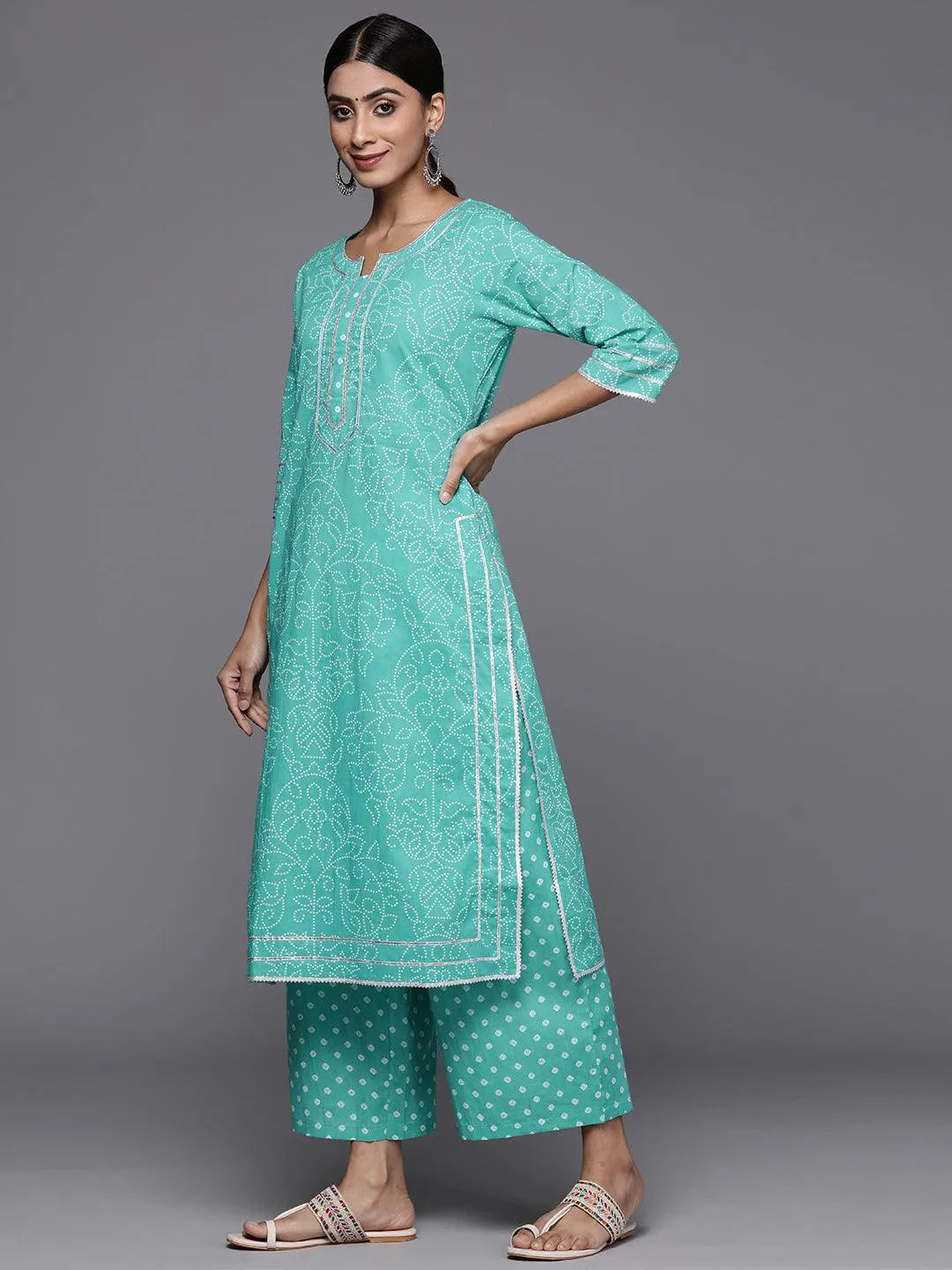 Mameraa Turquoise Blue Printed Cotton Straight Kurta With Palazzos & Dupatta