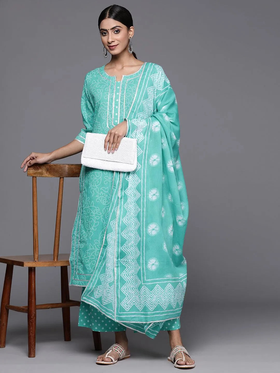 Mameraa Turquoise Blue Printed Cotton Straight Kurta With Palazzos & Dupatta