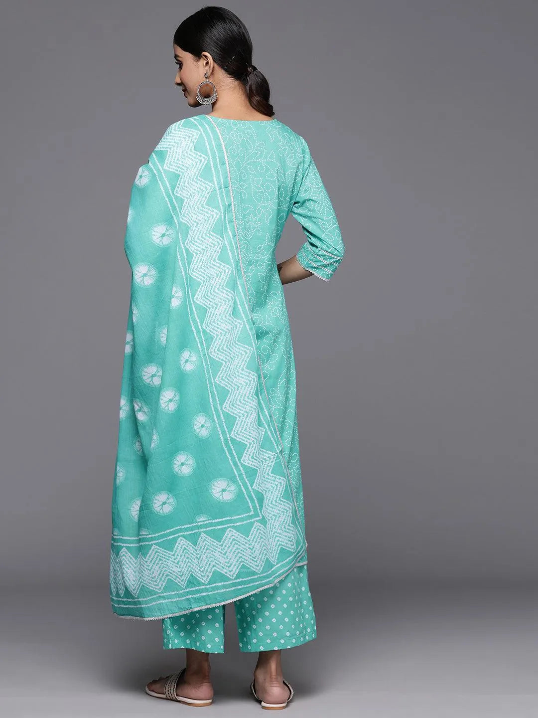Mameraa Turquoise Blue Printed Cotton Straight Kurta With Palazzos & Dupatta