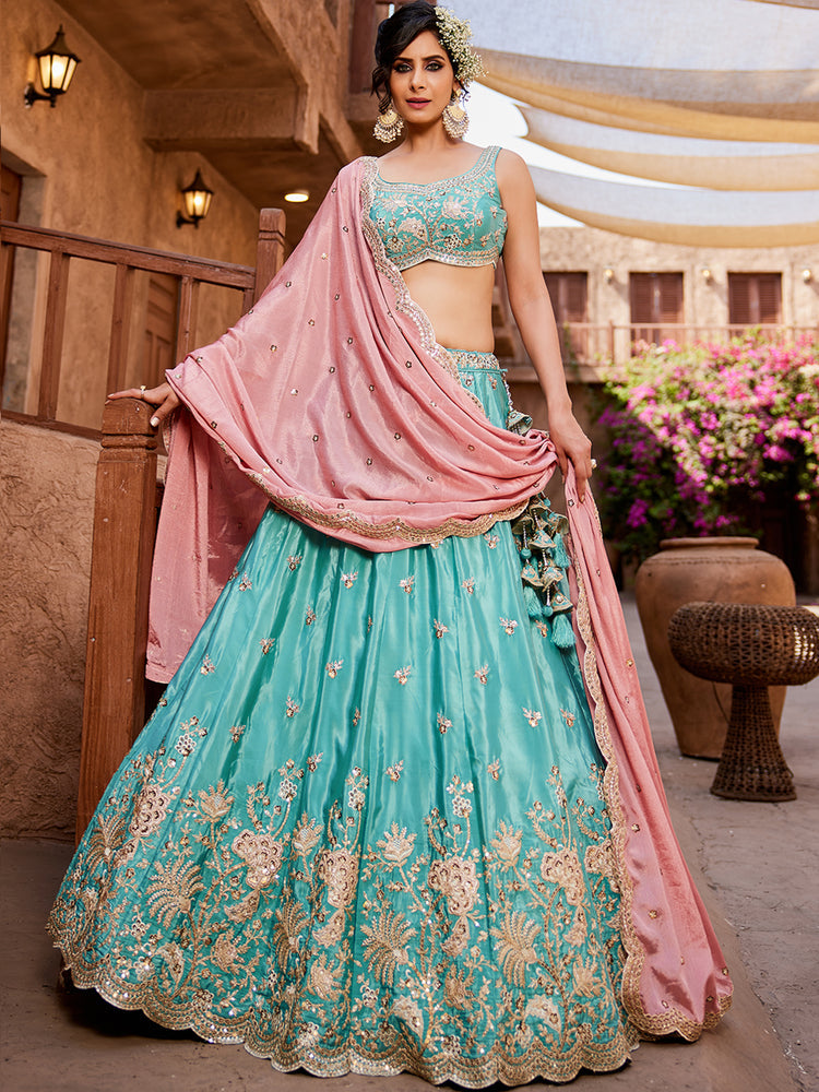 Turquoise Blue Satin Silk Sequins embroidery Semi-Stitched Lehenga choli & Dupatta