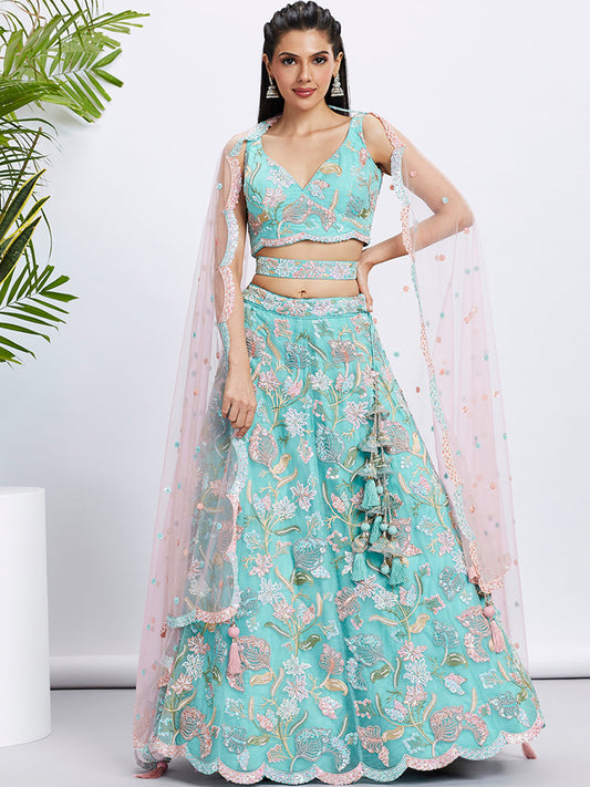 Turquoise Blue Sequin Embroidered Lehenga Choli Set