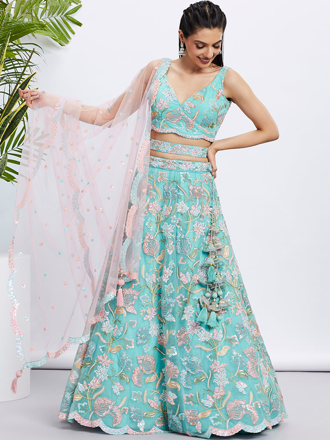 Turquoise Blue Sequin Embroidered Lehenga Choli Set