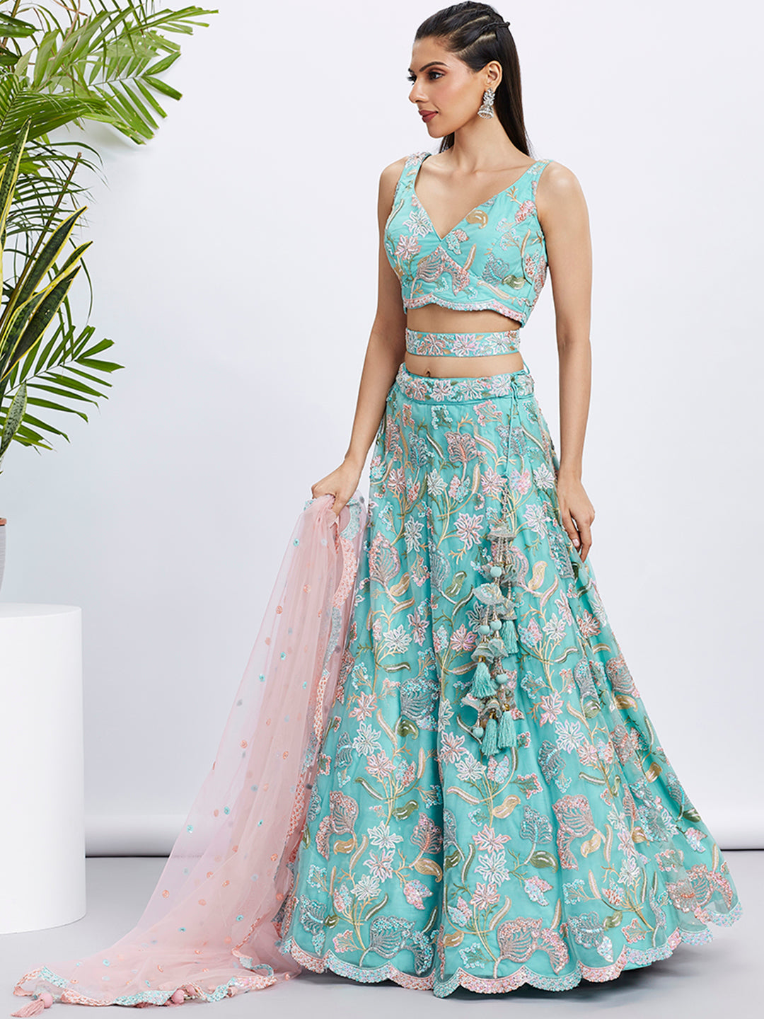 Turquoise Blue Sequin Embroidered Lehenga Choli Set