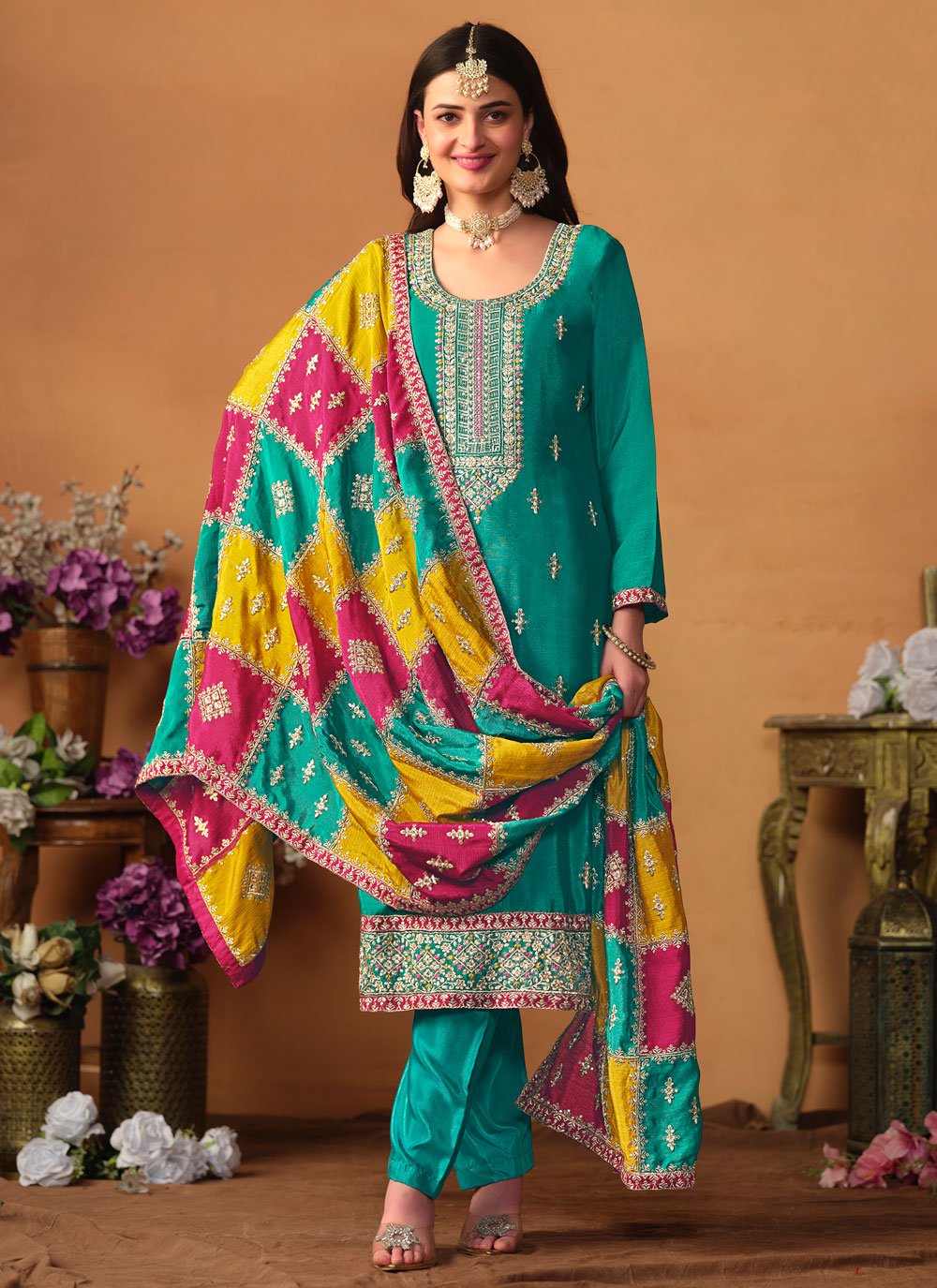 Turquoise chinon silk embroidered pakistani plus size suit for women