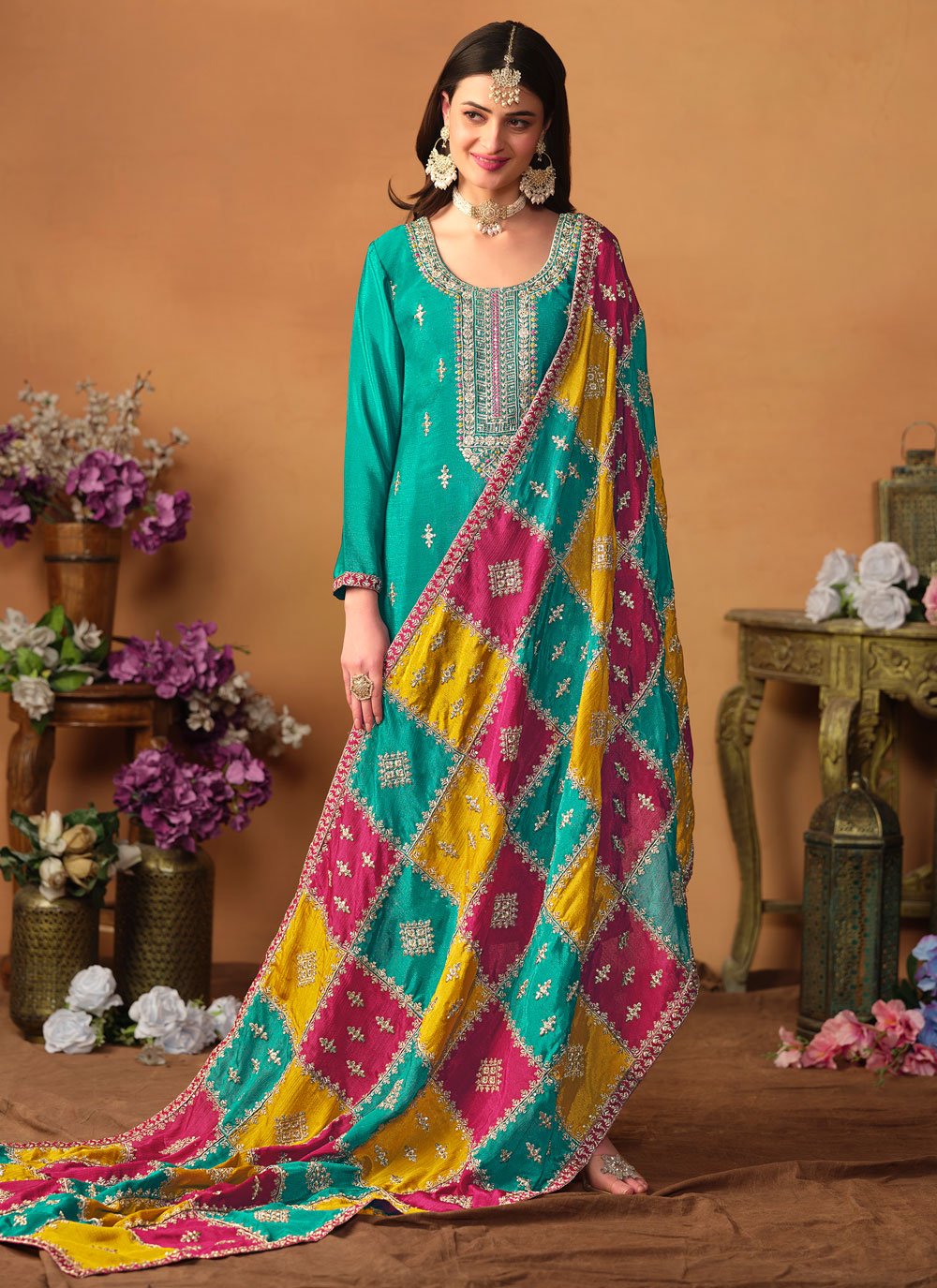 Turquoise chinon silk embroidered pakistani plus size suit for women
