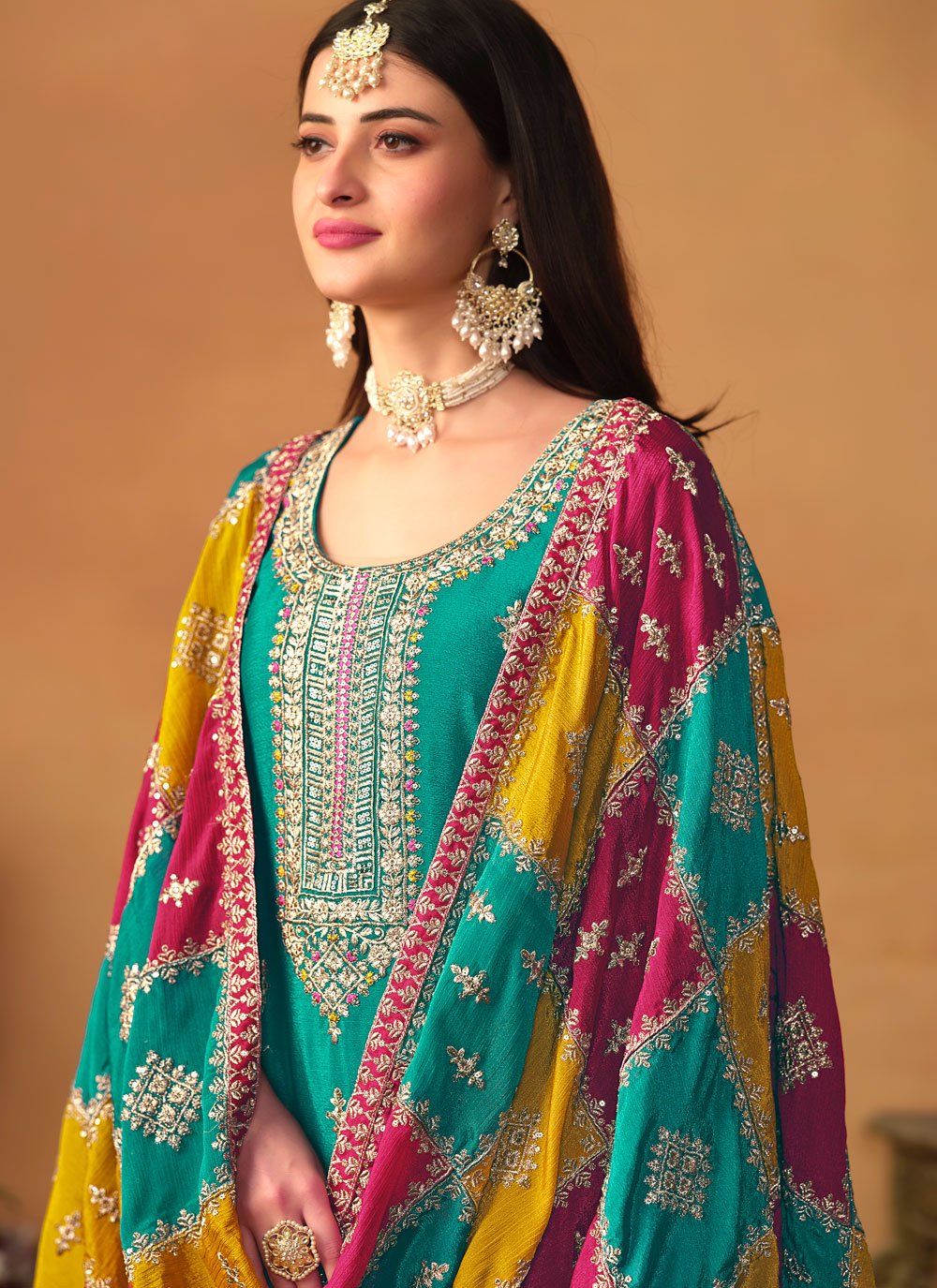 Turquoise chinon silk embroidered pakistani plus size suit for women