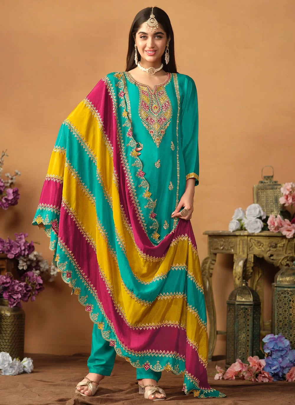 Turquoise chinon silk embroidered pakistani suit