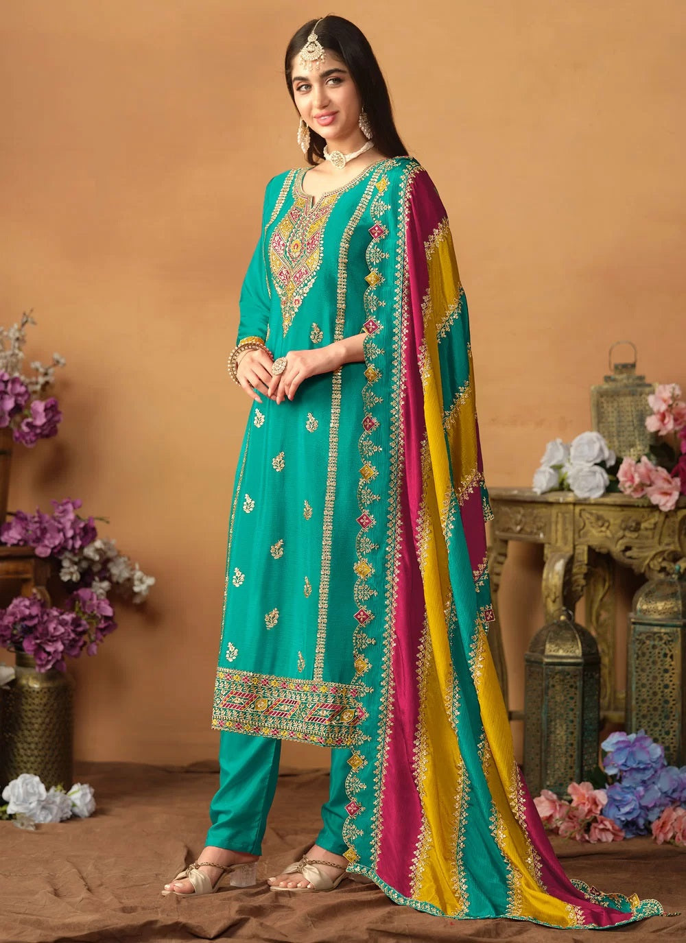 Turquoise chinon silk embroidered pakistani suit