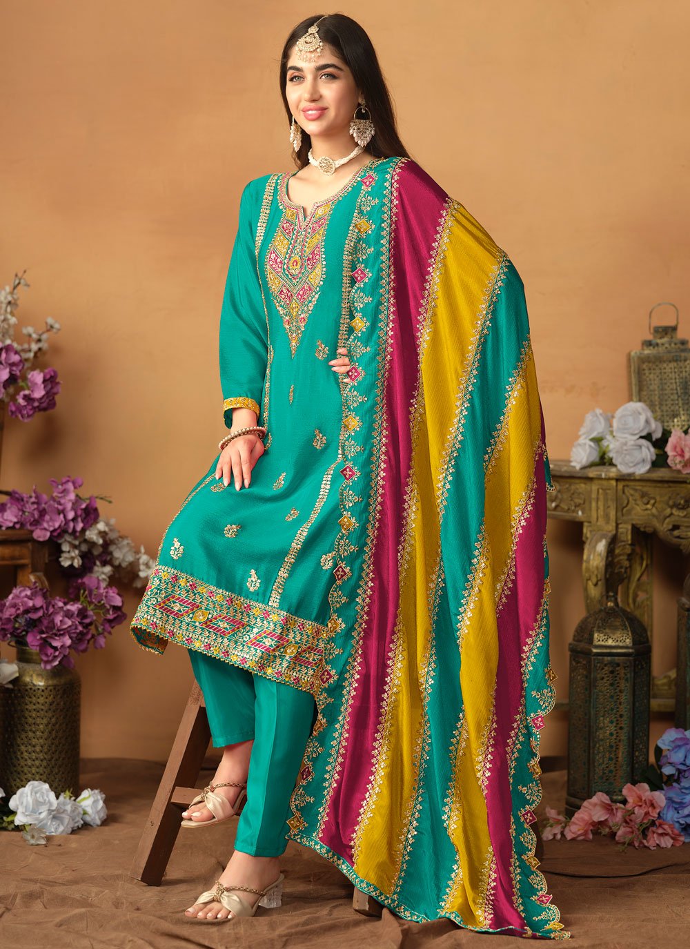 Turquoise chinon silk embroidered pakistani suit