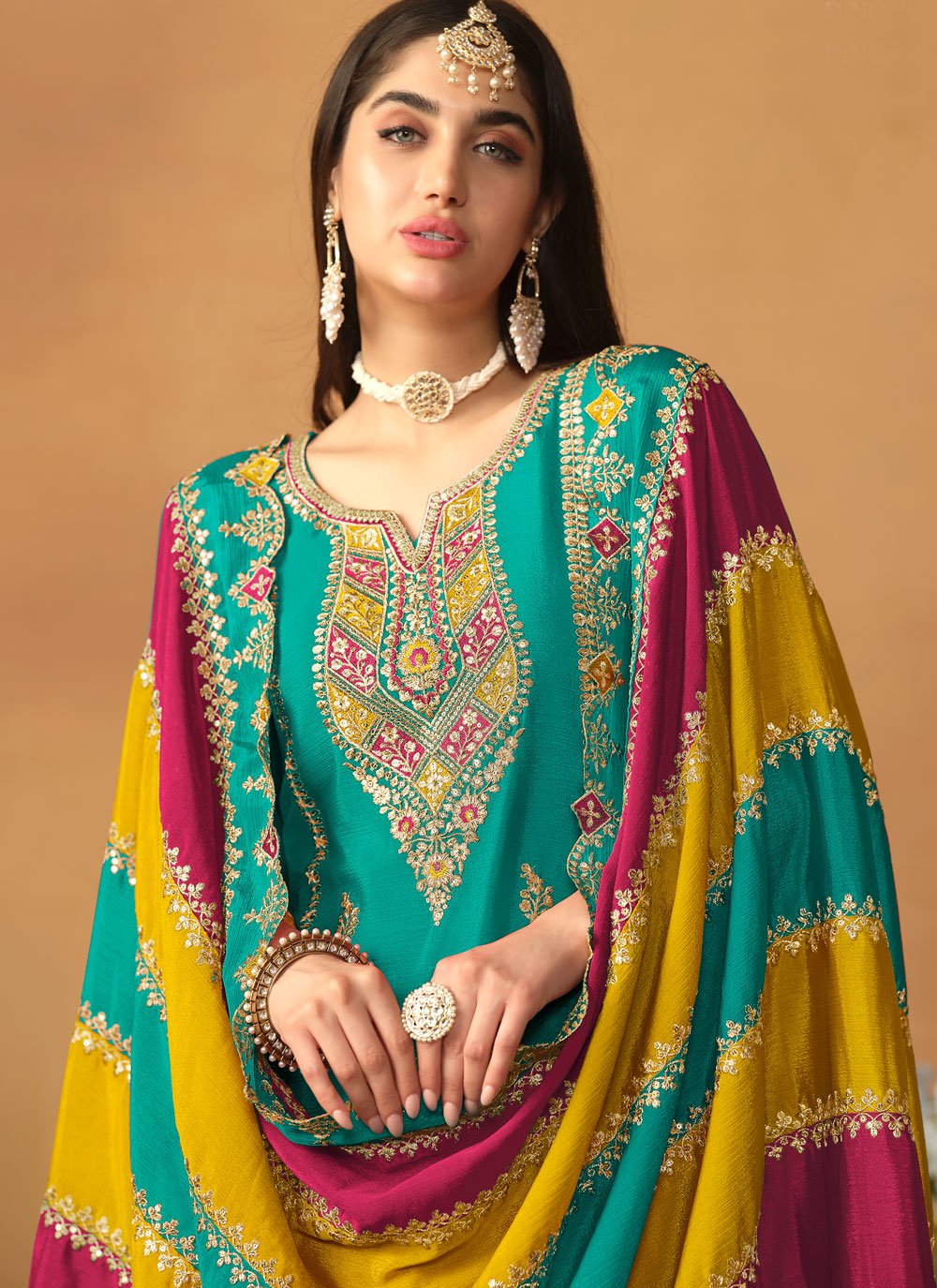 Turquoise chinon silk embroidered pakistani suit