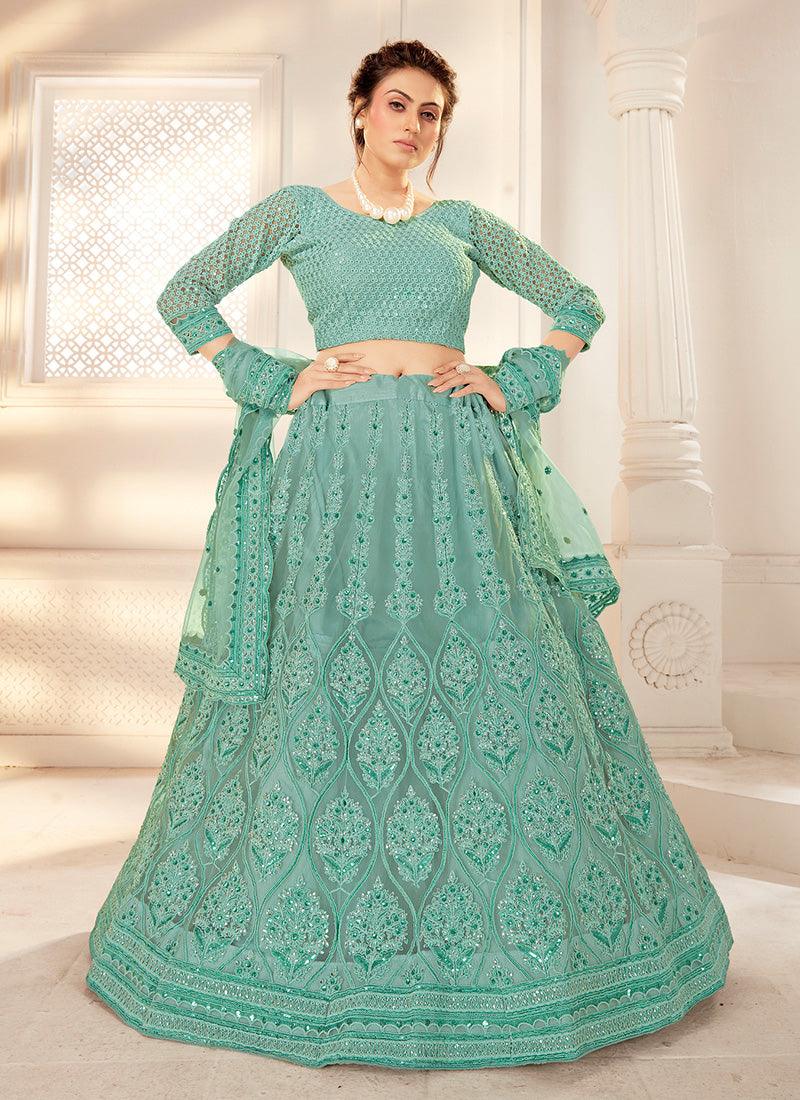 Turquoise Color Amusing Net With Silk Satin Work Wedding Wear Lehenga Choli