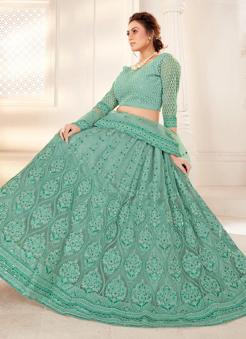 Turquoise Color Amusing Net With Silk Satin Work Wedding Wear Lehenga Choli