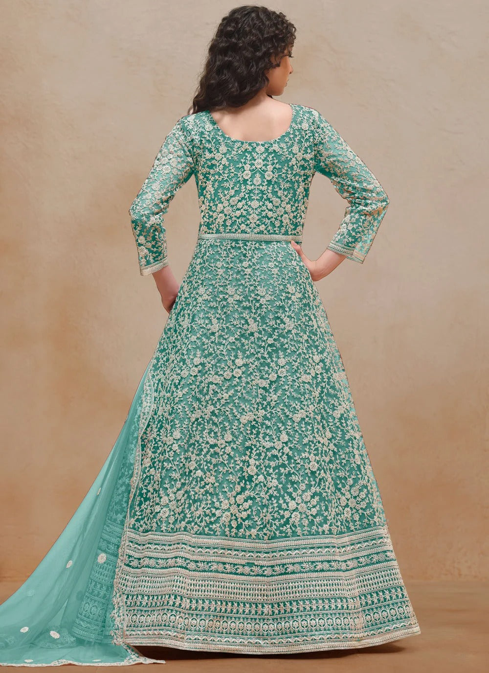 Designer anarkali suit in turquoise with thread embroidery
