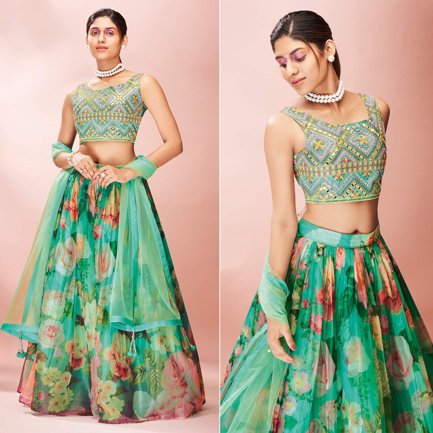 Turquoise Embellished With Printed Organza Lehenga Choli
