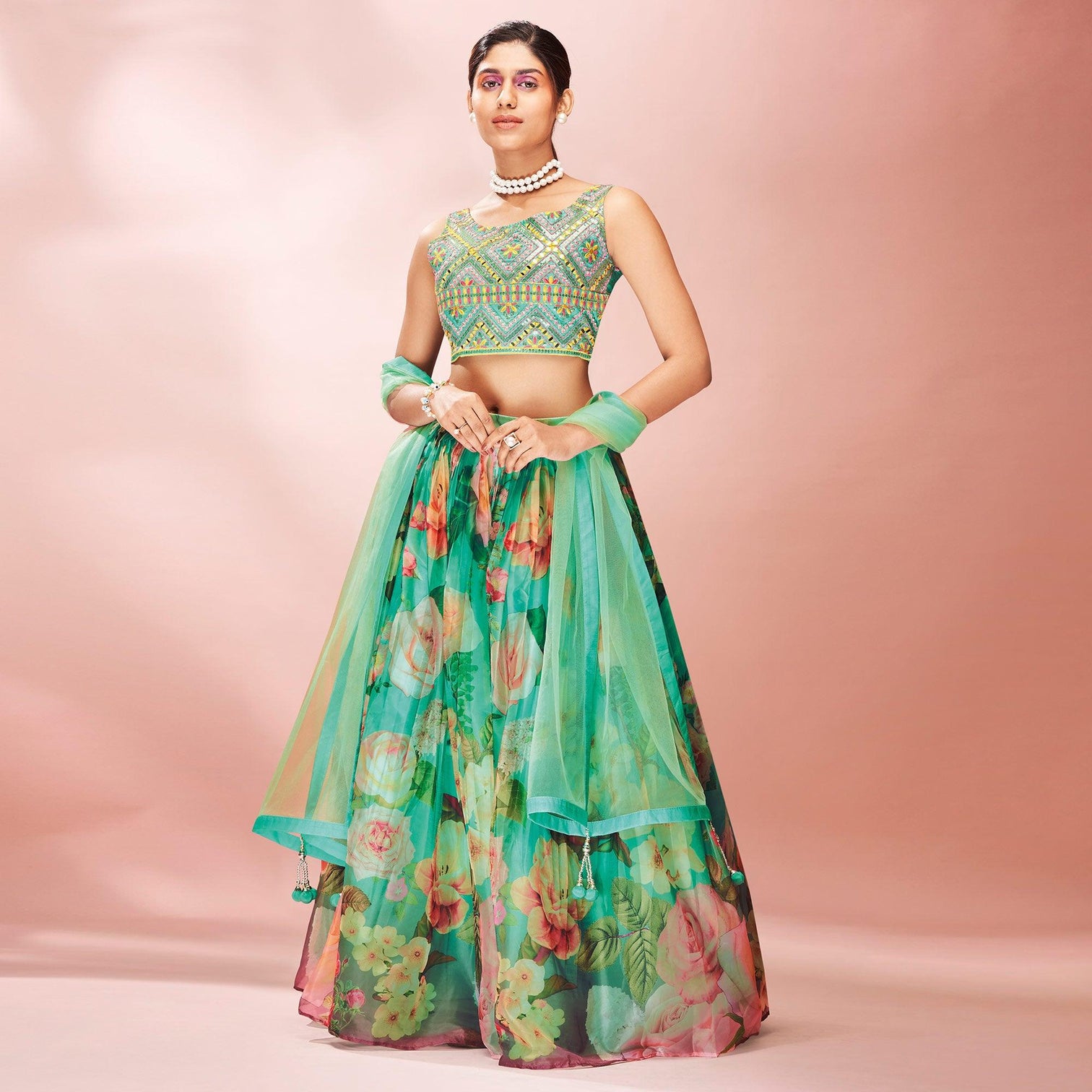 Turquoise Embellished With Printed Organza Lehenga Choli