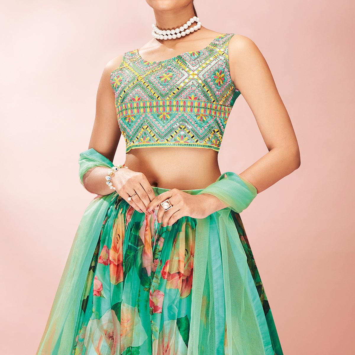 Turquoise Embellished With Printed Organza Lehenga Choli